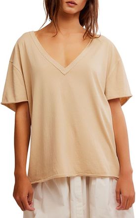 Free People Nina V-Neck Cotton T-Shirt in Oat Latte at Nordstrom, Size X-Small