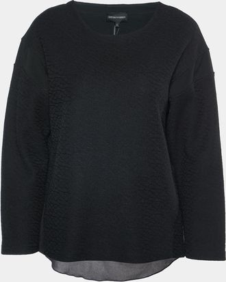 Emporio Armani Black Textured Cotton Blend Split Back Detail Top