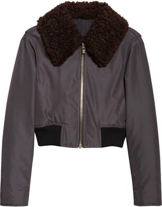 Alaia Nylon & Wool Aviator Jacket with Genuine Shearling Collar in Anthracite at Nordstrom, Size 14 Us