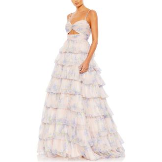 Mac Duggal Floral Cut Out Ruffle Layered Gown in Violet Multi at Nordstrom, Size 14