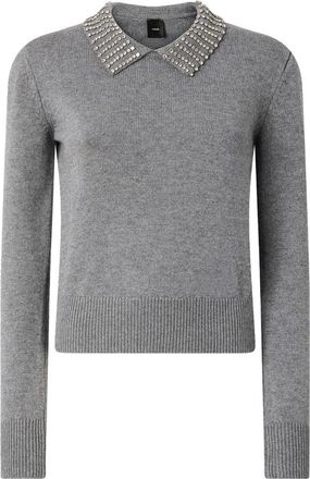 Pinko Medium-Grey Knit Sweater with Pointed Collar and Silver Studs
