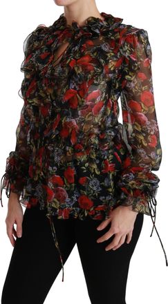 Dolce & Gabbana Womens Black Floral Roses Blouse Silk Top