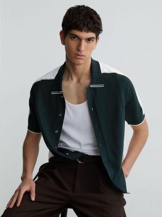 Reiss Dark Green & white Colour-block Knit Button-through Shirt, Xxl