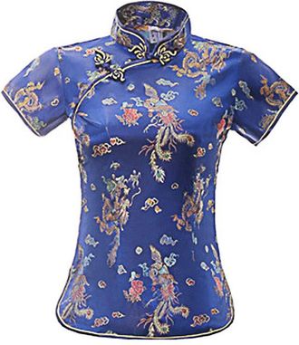 ACVIP Womens Dragon Phoenix Brocade Qipao Top Stand Collar Short Sleeve Chinese Shirt Blouse (UK 6/Chinese S, Blue)