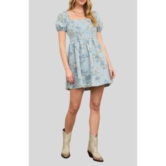 Blu Pepper Floral Print Puff Sleeve Denim Minidress in Light Denim at Nordstrom, Size Large