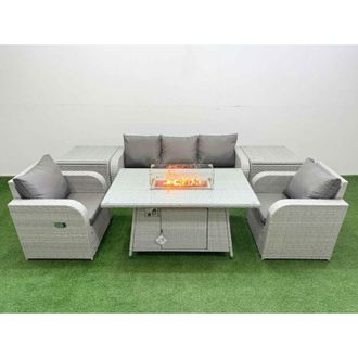 Fimous Pe Rattan Garden Furniture Set Reclining Chair Sofa Lounge Sofa Set Firepit Dining Table 2 Side Table Light Grey - Fimous