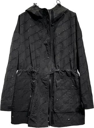 Generic Womens Rhinestones Loose Hooded Trench Coat Midi Loose Solid Waist Outerwear