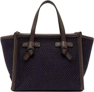 Gianni Chiarini Navy Textured Fabric Leather Tote Bag