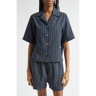 Wales Bonner London Windowpane Check Stretch Linen Bowling Shirt in Navy /Ivory /Rust at Nordstrom, Size 2-4 Us