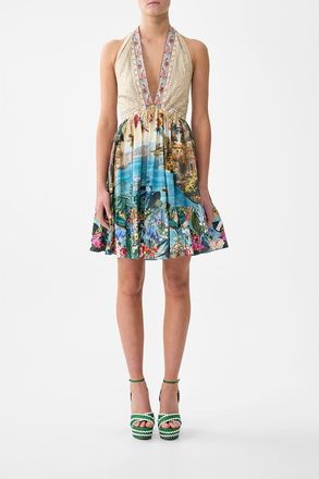 Camilla Ruffle Hem Halter Short Dress in Bodrum Botanicals at Nordstrom, Size Xx-Large Au