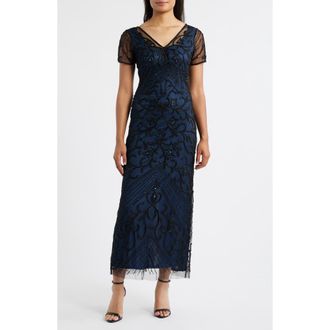 Pisarro Nights Beaded Mesh Column Gown in Neptune at Nordstrom Rack, Size 12