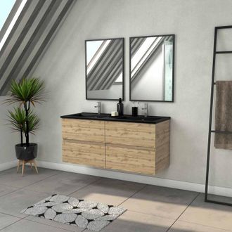 Aurlane Mueble De Ba&ntilde;o 120cm Con 4 Puertas Aspecto Roble Natural + Lavabo Negro Y Espejos Rectangulares