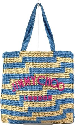 Jimmy Choo London Beige Blue Pink Raffia Shoulder Bag Tote Bag (Pre-Owned)