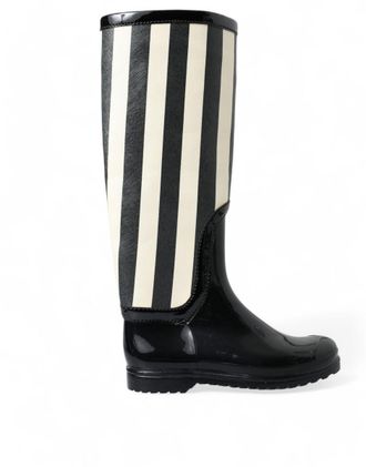 Dolce & Gabbana Womens Striped Rain Boots Tall Style - Black Rubber - Size EU 35