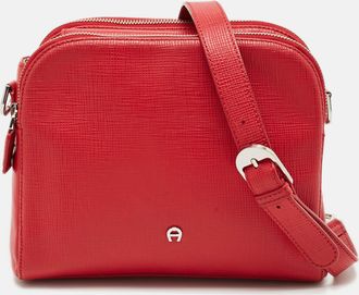 Aigner Double Zip Red Leather Shoulder Bag