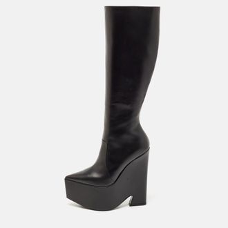 Versace Black Leather Platform Knee Length Boots
