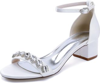 Generic Wedding Shoes Womens Open Toe Satin Chunky Heel Heels Sandals Bridal Shoes Low Heel Prom Party Dress Pumps 4.5Cm,White,10 UK