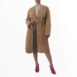 Burberry Womens Moss Collarless Shearling Maxi Coat, Brand Size 8 ( US Size 6 )