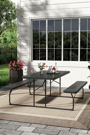 Living and Home Outdoor Foldable Picnic Table and Bench Set with Parasol Hole in Black