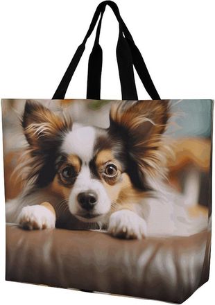 Generic Papillon Lying On Tummy Shopping Bag Waterproof Grocery Bag Eco Friendly Handbags For Travel Beach Ladies
