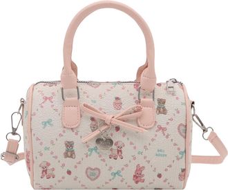Generic Cute Small Crossbody 8.07 Inch Bag Satchel Handbag for Women, Bunny and Flower Print Design, Pink Leather Handles and Edges, for Daily Use, Casual Out