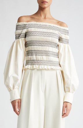 Max Mara Walk Smocked Off the Shoulder Top in Ivory at Nordstrom, Size 6