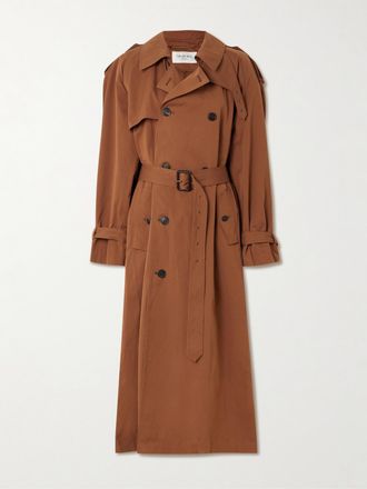 Saint Laurent Trench Doppiopetto In Misto Cotone E Seta Con Cintura - Marrone