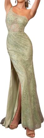 Rachel Allan One-Shoulder Sheer Bodice Prom Dress In Sage