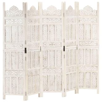 vidaXL Biombo 5 Paneles Tallado A Mano Madera Mango Blanco 200x165 Cm Vidaxl