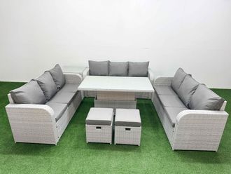 Fimous PE Rattan Lounge Sofa Set 11 Seater Outdoor Garden Furniture Set w/ Adjustable Lifting Dining or Coffee Table 3 Seater Sofa 2 Stools Side