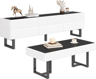 STILVORA Conjunto De Muebles De Sal&oacute;n Con 1 Mueble De Tv Y 1 Mesa De Centro, Almacenaje Integrado, Para Sal&oacute;n Moderno, Mdf Y Tablero De Part&iacute;culas, Negro Y Bla