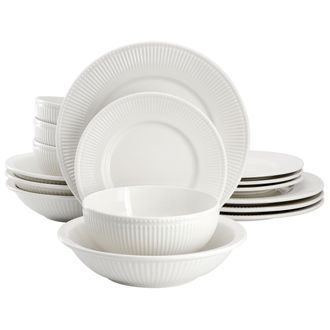 Elama Kate 16 Piece Textured Trim Double Bowl Porcelain Dinnerware Set in White