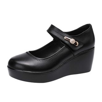 Generic11 Mary Jane Shoes for Women Elegant Round Toe Solid Color Leather Shoes Buckle Strap Ultra-Light Wedge Heel Platform Shoes for Party Black