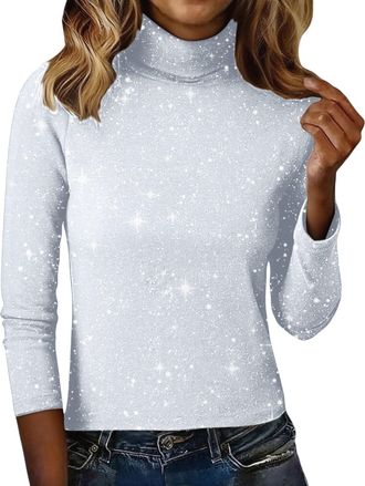 Generic Sparkly Jumpers for Women UK Polo Neck Long Sleeve Glitter Knitted Sweater Sequin Shimmer Cocktail Holiday Party Tops(White, XXXXXL)