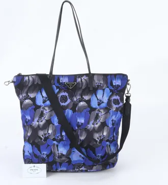 Prada Black Blue Nylon Leather Shoulder Bag Tote Bag (Pre-Owned)