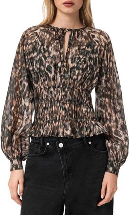AllSaints Cern Print Smocked Top in Prowl Golden Brown at Nordstrom, Size 10 Us
