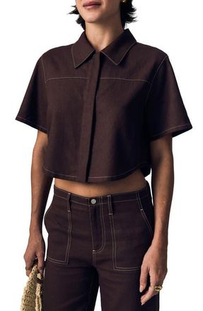 LE JEAN Short Sleeve Swing Linen Button-Up Shirt in Cocoa at Nordstrom, Size X-Small