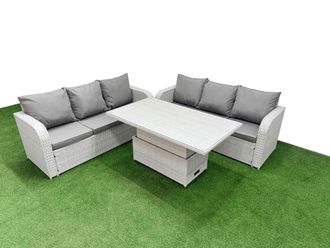 Fimous Outdoor Garden Furniture Sets 6 Seater Wicker Rattan Furniture Sofa Sets w/ Adjustable Lifting Dining or Coffee Table high Back Lounge Sofa