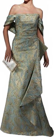 Alyce Paris Detachable Sleeve Jacquard Mermaid Dress In Sea Glass Gold