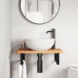 Berkfield Home Elegant Basin Shelf Wall Mounted Steel & Solid Wood Oak in Brown