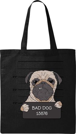 Generic Funny Pug Mug Shot Bad Dog Natural Ecological Cotton Tote Bag Black