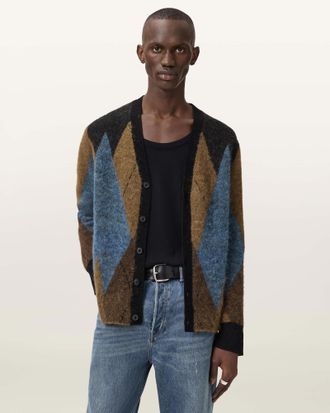 AllSaints Main: 48% Polyamide, 39% Merino Wool, 13% Alpaca Bernie Oversized Argyle Cardigan, Size: XXL