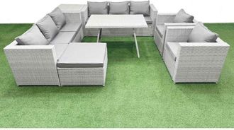 Fimous 9 Seater Garden Furniture Set pe Ratten Garden Sofa Set with Rectangular Dining Table Big Stool Side Table Light Grey - Fimous