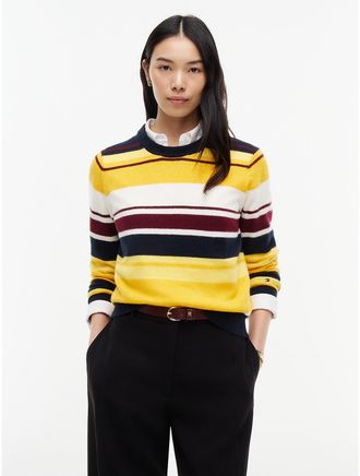 Tommy Hilfiger Womens TH Soft Touch Multicolor Stripe Crewneck Sweater - Yellow/Navy Stripe - XXL