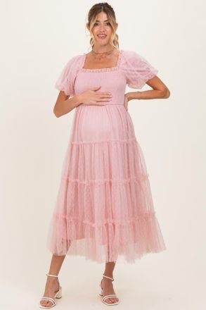 Pinkblush Pink Tulle Tulle Puff Sleeve Smocked Midi Dress in Light Pink at Nordstrom, Size Medium