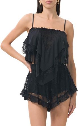 AFRM Aimee Ruffle & Lace Camisole in Noir at Nordstrom, Size X-Large