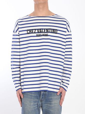 Valentino Garavani Mens Striped Chez T-shirt - White Cotton - Size Medium