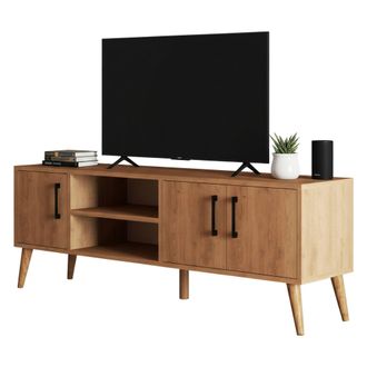 Dmora Soporte Para Tv Brugine, Un Estante, 3 Puertas, 2 Compartimentos, 150x34x52h Cm Color Roble Marr&oacute;n