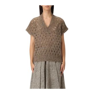 Brunello Cucinelli V-neck Knitwear, female, Beige, XS, Knit Short Sleeve Top