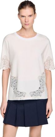 Sandro Cotton T-shirt with lace detail in Ecru at Nordstrom, Size X-Small